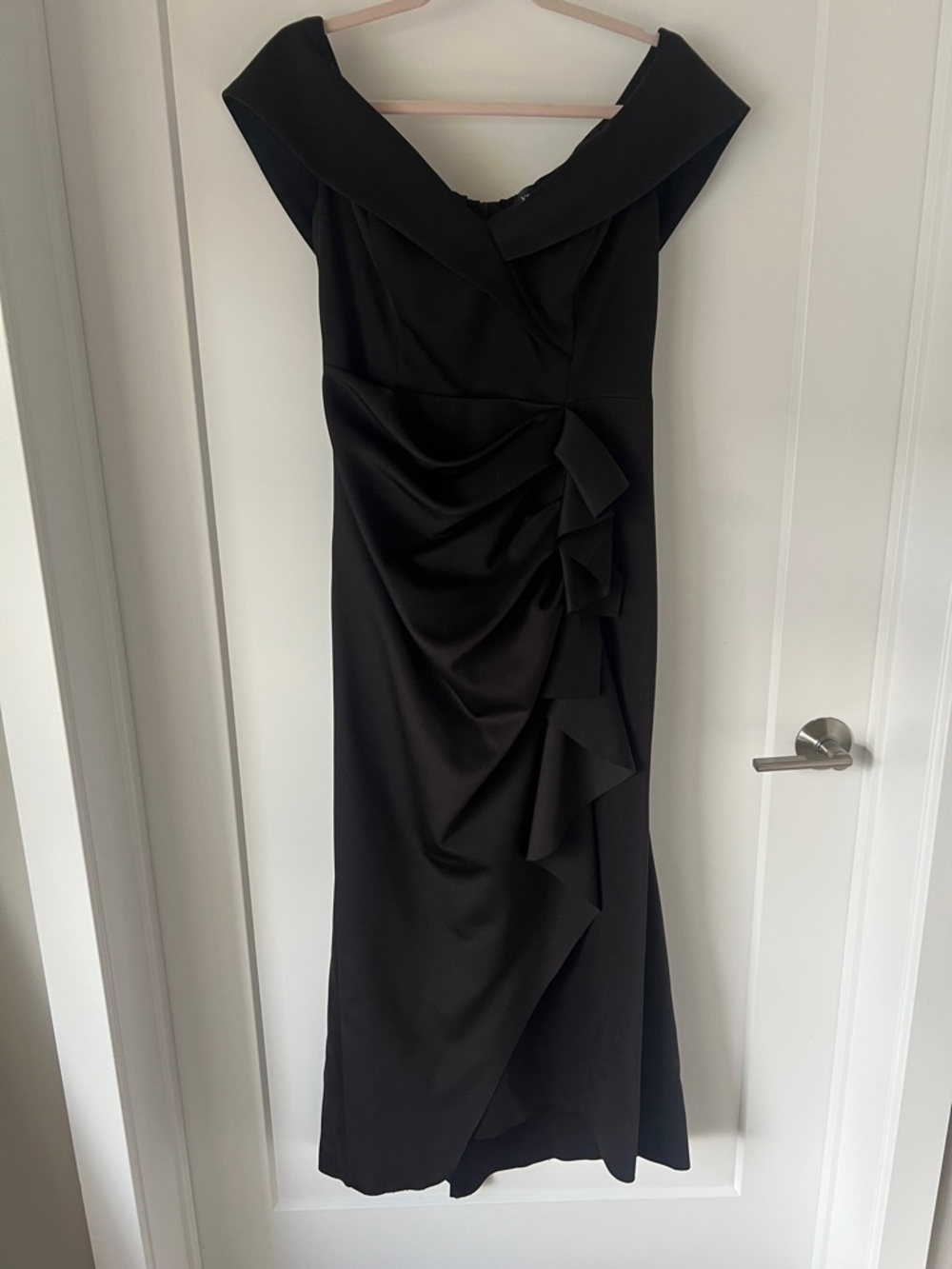 Xscape Elegant Black Off-Shoulder Ruffle Sheath Dress